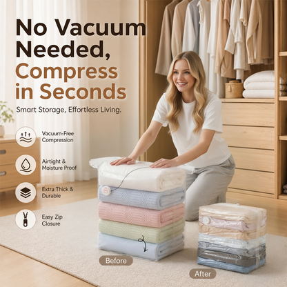 🥳2026 HOT SALE🥳💞50K+ SOLD! Dlalena® No‑Pump Vacuum Storage Bags – Press & seal, no pump needed. Saves 80% space, keeps clothes dry & dust‑free. Perfect for bulky bedding & off‑season gear. 🛏️🗄️