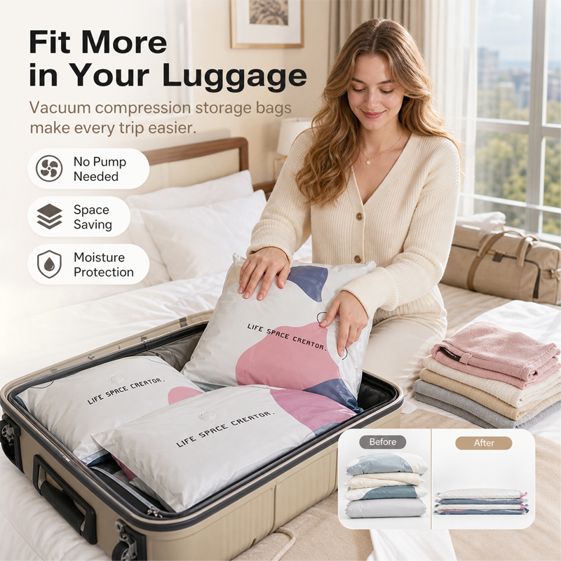🥳2026 HOT SALE🥳💞50K+ SOLD! Dlalena® No‑Pump Vacuum Storage Bags – Press & seal, no pump needed. Saves 80% space, keeps clothes dry & dust‑free. Perfect for bulky bedding & off‑season gear. 🛏️🗄️