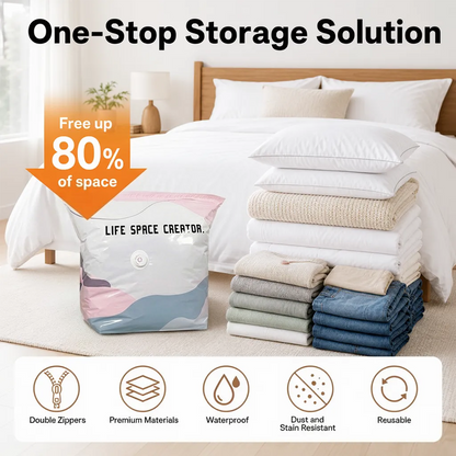 🥳2026 HOT SALE🥳💞50K+ SOLD! Dlalena® No‑Pump Vacuum Storage Bags – Press & seal, no pump needed. Saves 80% space, keeps clothes dry & dust‑free. Perfect for bulky bedding & off‑season gear. 🛏️🗄️