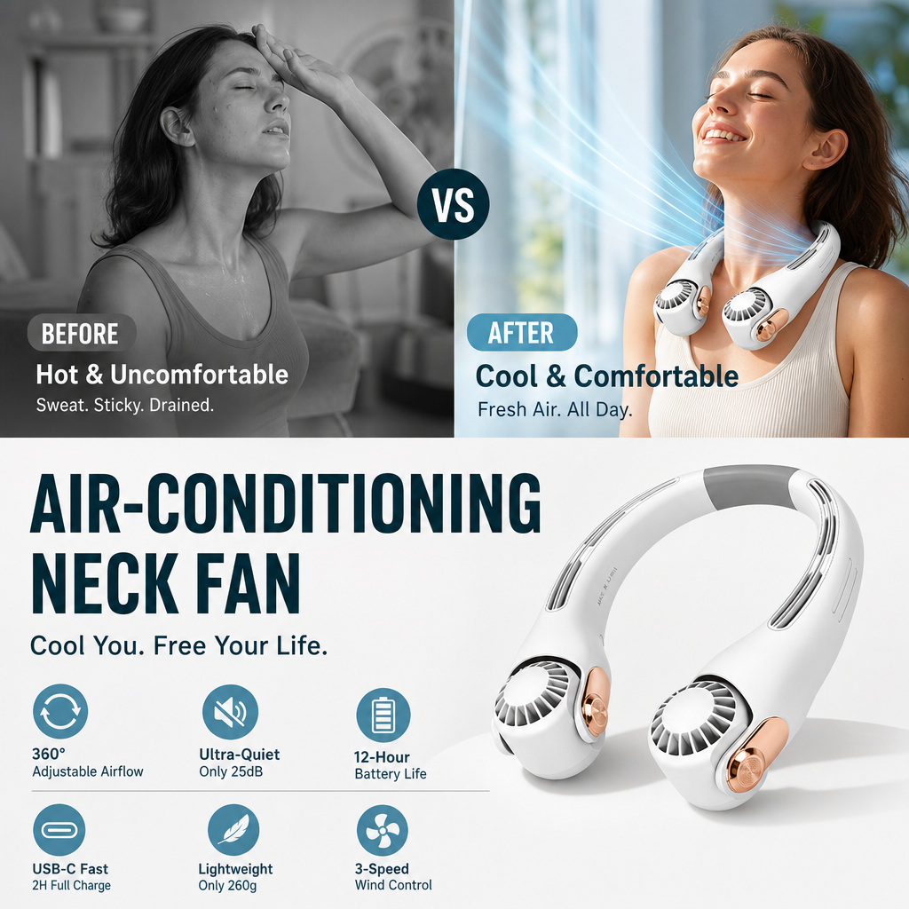 🥳2026 HOT SALE🥳💞50K+ SOLD!🍃 Neck Air Conditioner Fan – Ultra‑quiet, 360° rotating, 3 speeds. Hands‑free cooling, long battery. Summer essential! 😎🌬️